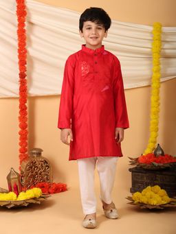 Kinder Kids - Cotton Full Sleeve Solid Kurta & Pyjama- Red