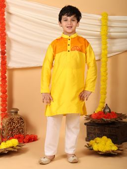 Kinder Kids - Cotton Full Sleeves Colorblock Kurta & Pyjama- Yellow