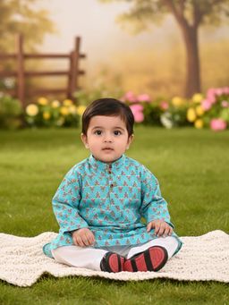 Kinder Kids - Full Sleeves Plants Printed Kurta & Pyjama - Blue