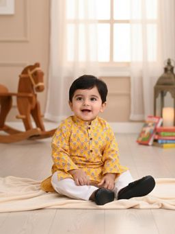 Kinder Kids - Full Sleeves Plants Printed Kurta & Pyjama - Yellow