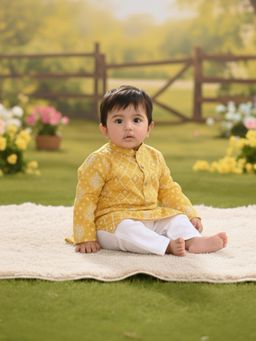 Kinder Kids - Full Sleeves Ethnic Motif Designed Kurta & Pyjama - Yellow