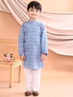 Kinder Kids - Full Sleeves Floral Motif Kurta With Pyjama - Blue