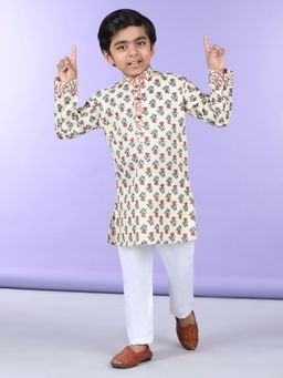 Kinder Kids - Full Sleeves Floral Kurta & Pyjama - Off White