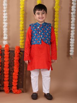 Kinder Kids - Solid Kurta & Pyjama With Elephant Printed Jacket - Red And Blue