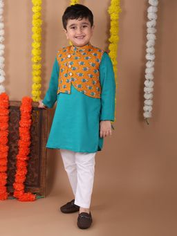 Kinder Kids - Solid Kurta & Pyjama With Elephant Printed Jacket - Green And Yellow