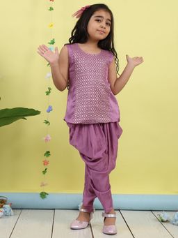 Kinder Kids - Cotton Jaquard Sleeveless Ethnic Motif Foil Printed Kurti And Dhoti - Purple