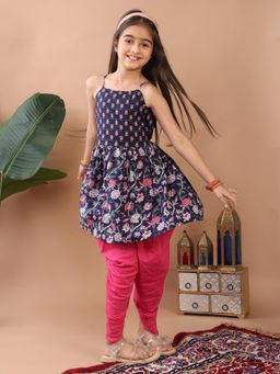 Kinder Kids - Blue Floral Kurti With Pink Dhoti