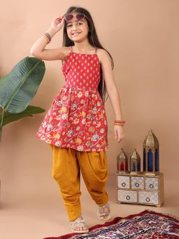 Kinder Kids - Red Floral Kurti With Yellow Dhoti