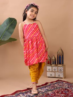 Kinder Kids - Pink Lehriya Printed Kurti With Yellow Dhoti