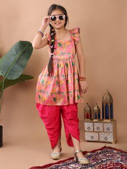 Kinder Kids - Pink Floral Sleeveless Kurti With Pink Dhoti