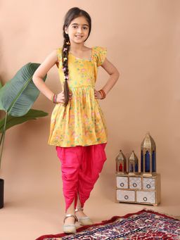 Kinder Kids - Yellow Lotus Printed Sleeveless Kurti With Pink Dhoti