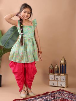 Kinder Kids - Green Lotus Printed Sleeveless Kurti With Pink Dhoti