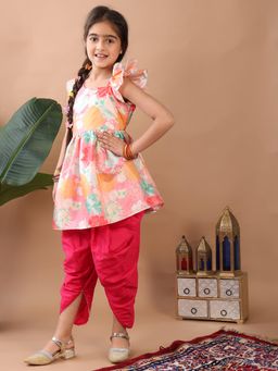 Kinder Kids - Light Pink Floral Sleeveless Kurti With Pink Dhoti