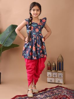 Kinder Kids - Blue Floral Sleeveless Kurti With Pink Dhoti