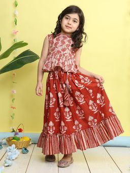 Kinder Kids - Cotton Woven Sleeveless Floral Lehenga & Choli - Red
