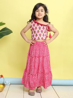 Kinder Kids - Cotton Woven Sleeveless Floral And Leheriya Lehenga & Choli - Pink