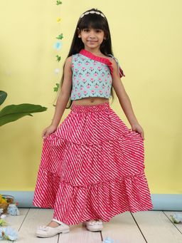 Kinder Kids - Cotton Woven Floral And Leheriya Lehenga & Choli - Pink And Green
