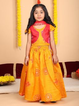Kinder Kids - Cotton Kota Printed And Gota Lace Lehenga With Choli & Dupatta -Yellow