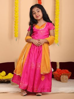 Kinder Kids - Cotton Kota Printed And Gota Lace Lehenga With Choli & Dupatta - Pink