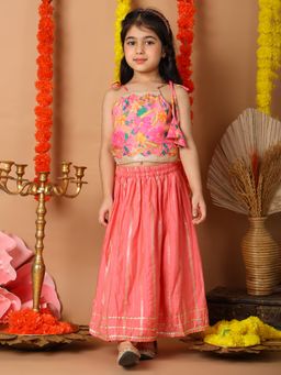 Kinder Kids - Cotton Woven Floral And Gota Lace Embellished Lehenga & Choli - Pink