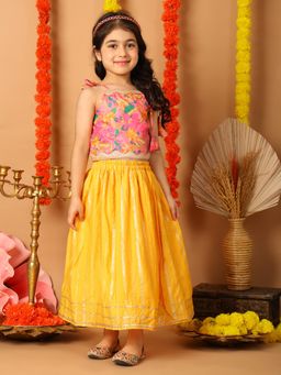 Kinder Kids - Cotton Woven Floral And Gota Lace Embellished Lehenga & Choli - Yellow