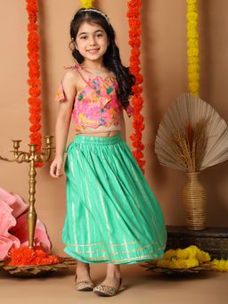 Kinder Kids - Cotton Woven Floral And Gota Lace Embellished Lehenga & Choli - Green