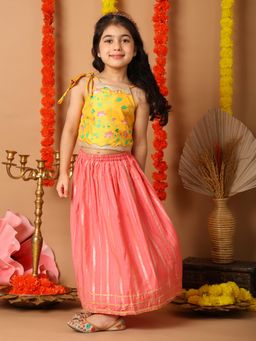 Kinder Kids - Cotton Woven Floral And Gota Lace Embellished Lehenga & Choli - Pink
