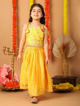 Kinder Kids - Cotton Woven Floral And Gota Lace Embellished Lehenga & Choli - Yellow
