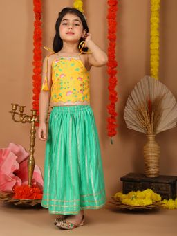 Kinder Kids - Cotton Woven Floral And Gota Lace Embellished Lehenga & Choli - Green