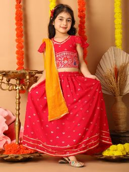 Kinder Kids - Cotton Woven Floral And Paisley Foil Lehenga With Choli & Dupatta - Red