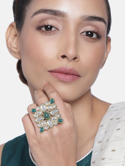 Estele - Gold Plated Fascinating Polki Designer Ring with Kundan & Green Beads for Women