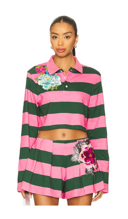 AREA - Embroidered Flower Cropped Polo Top