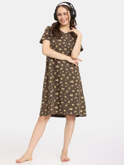 Zivame - Brown Rosaline Bon Appetite Knit Cotton Knee Length Nightdress