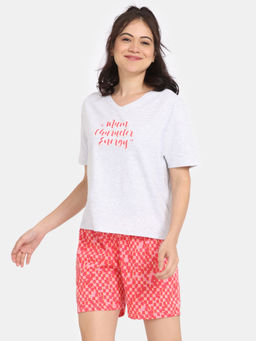 Zivame - White & Red Rosaline Slangsync Knit Cotton T-Shirt with Shorts (Set of 2)