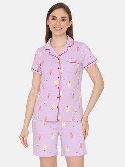 Zivame - Purple Printed Joyful Jingles Knit Cotton Shirt with Shorts (Set of 2)
