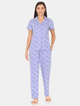 Zivame - Purple Maze Knit Cotton Shirt with Pyjama (Set of 2)