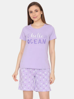 Zivame - Purple Joyful Jingles Knit Cotton T-Shirt with Shorts (Set of 2)