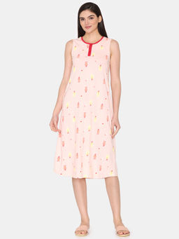 Zivame - Beige Joyful Jingles Knit Cotton Mid Length Nightdress