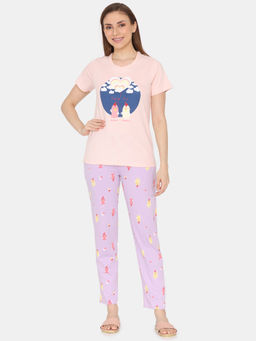 Zivame - Peach & Purple Joyful Jingles Knit Cotton T-Shirt with Pyjama (Set of 2)