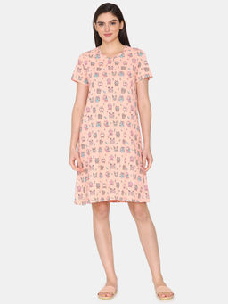Zivame - Peach Joyful Jingles Knit Cotton Knee Length Nightdress