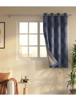 Saral Home - Check Cotton Woven Window Curtain 100% Light Blocking - Navy Blue