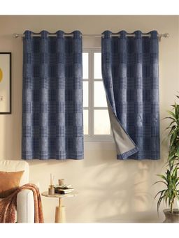 Saral Home - Check Cotton Woven 2 Window Curtain 100% Light Blocking - Navy Blue