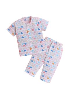 Polka Tots - Unisex White Cotton Half Sleeve Heart Printed Night Suits