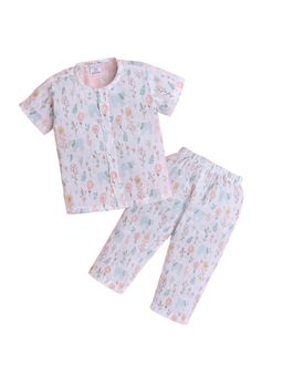 Polka Tots - Unisex White Cotton Half Sleeve Bloomy Bear Printed Night Suits