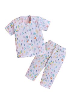 Polka Tots - Unisex White Cotton Half Sleeve Tiny Town Printed Night Suits