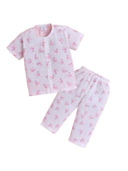Polka Tots - Unisex White Cotton Half Sleeve Flamingo Finger Printed Night Suits