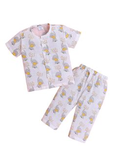 Polka Tots - Unisex White Cotton Half Sleeve Jumbo Elephant Printed Night Suits