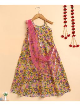 The Magic Wand - Yellow Cotton Hand Block Printed Spaghetti Long Dress With Dupatta