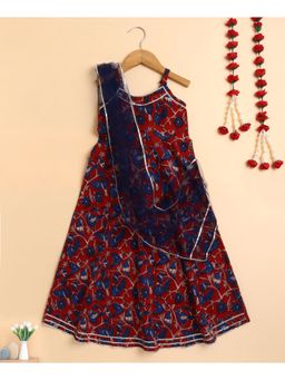 The Magic Wand - Maroon Cotton Hand Block Printed Spaghetti Long Dress With Dupatta