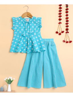 The Magic Wand - Turquoise Cotton Cambric Polka Dot Printed Top And Palazzo